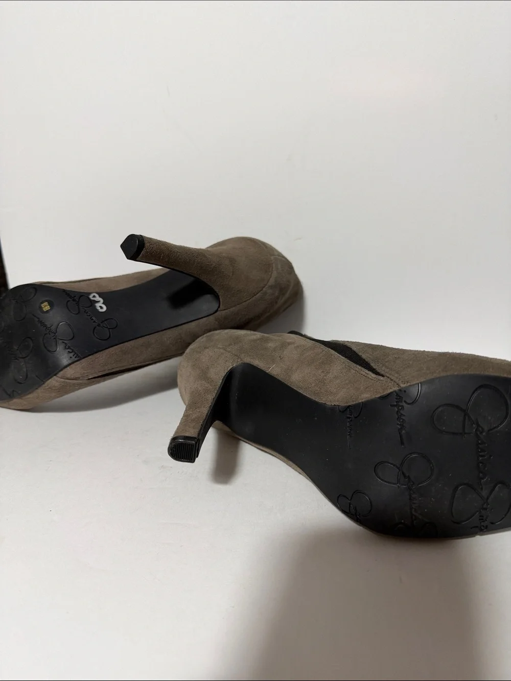 Jessica Simpson Taupe Suede Ankle Booties with Black Elastic Panel